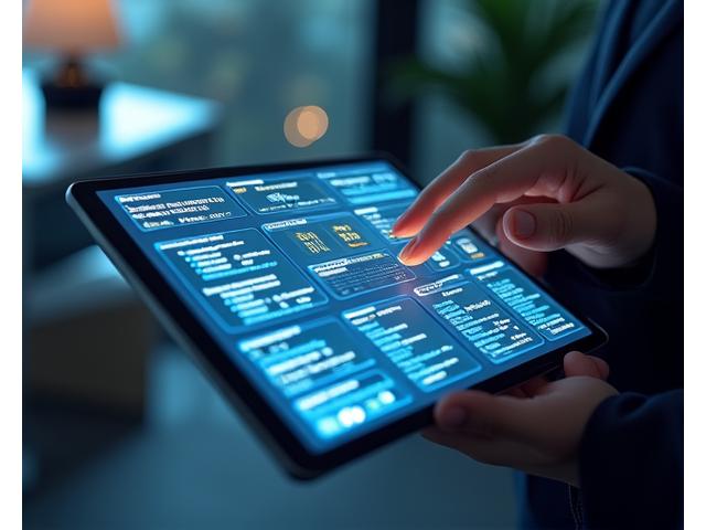 생산성 대시보드를 시뮬레이션하는 태블릿과 그를 바라보는 전문가