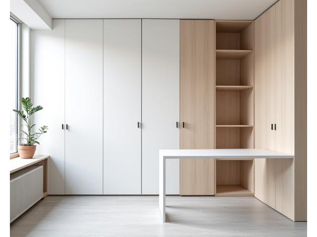 벽면에 깔끔하게 통합된 빌트인 수납 시스템